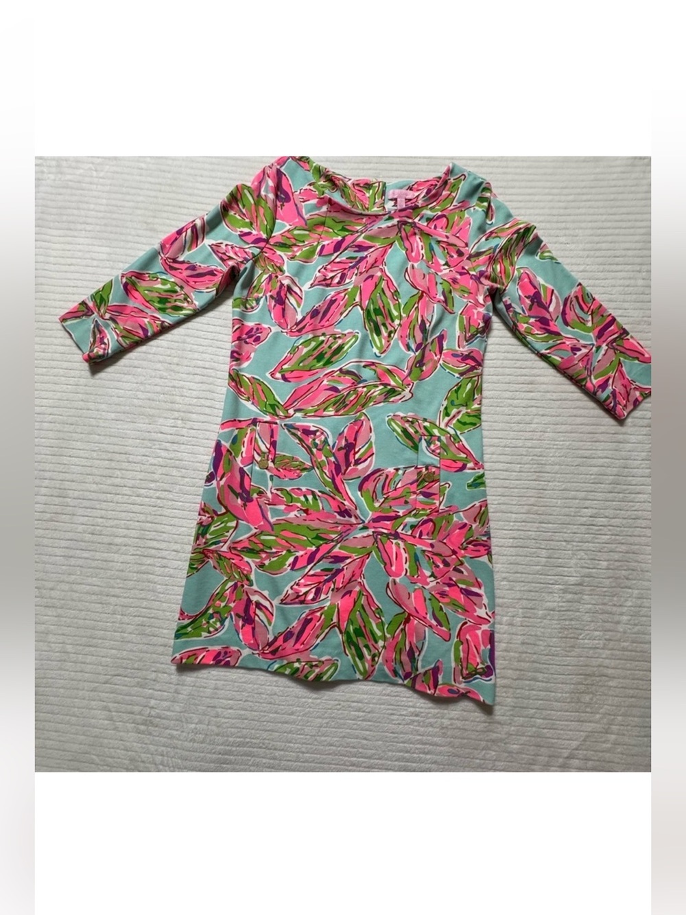 Lilly Pulitzer Aqua Mini Dress with Pink & Green Leaf Print